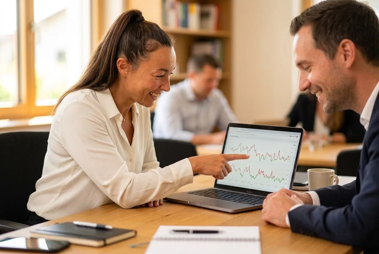 Olga reviewing progress charts with a member