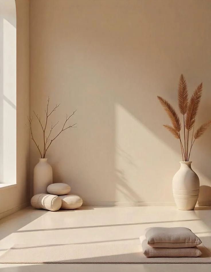 Calm sunlit corner of the studio with floor cushions