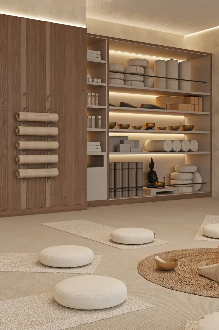 Calm studio shelf with yoga mats, singing bowls and cushions in warm light