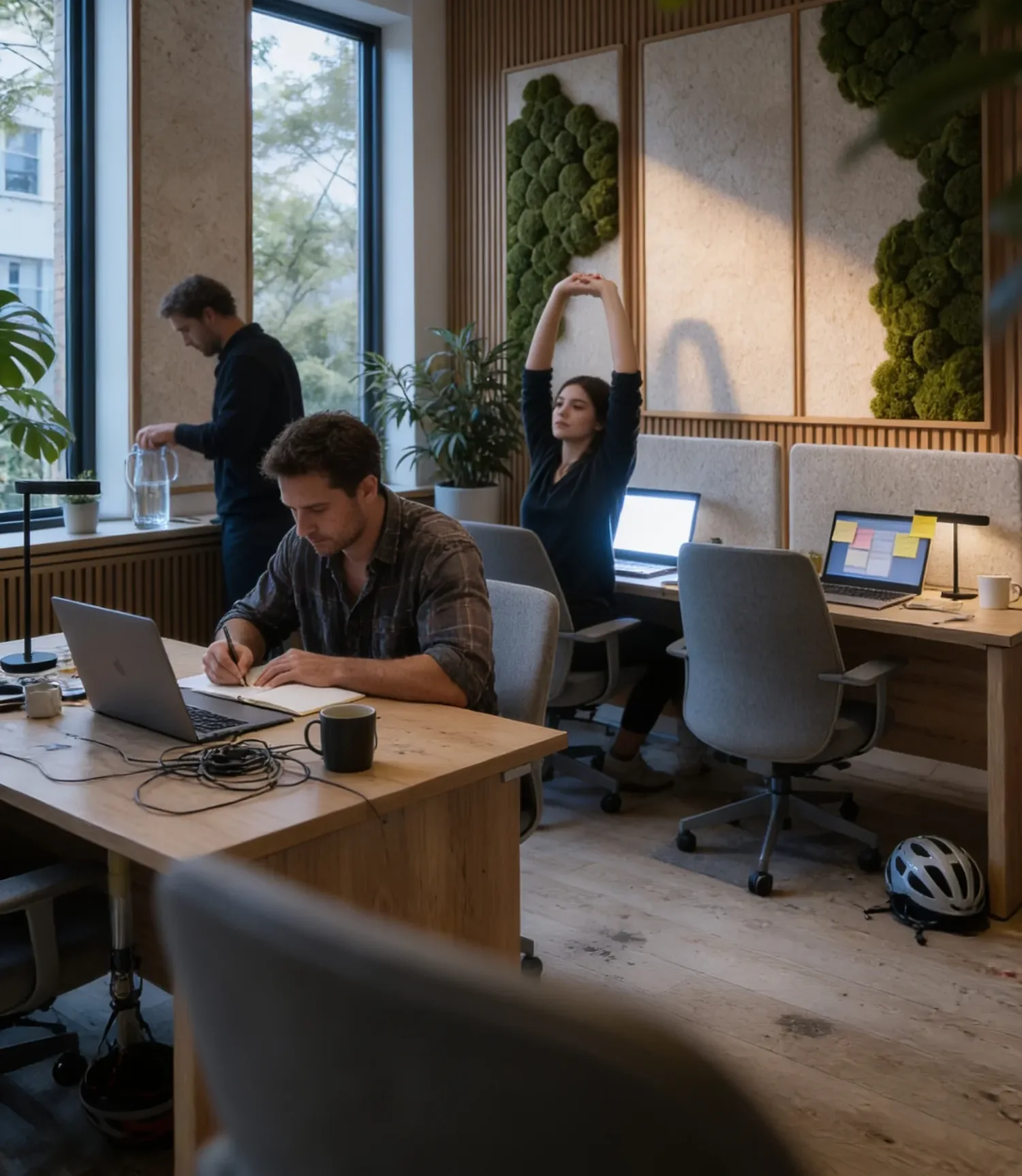 An evening coworking room with moss walls: a man writes in a notebook beside his laptop, another fills a water jug by the window, and a woman at her desk stretches her arms overhead