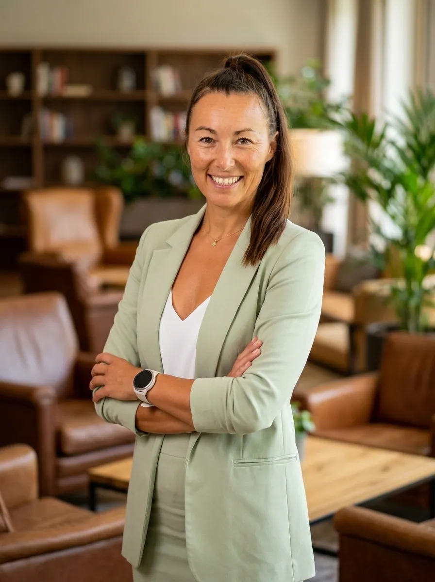 Olga Apryshkina in the Thrive Hub lounge, arms folded, looking at the camera