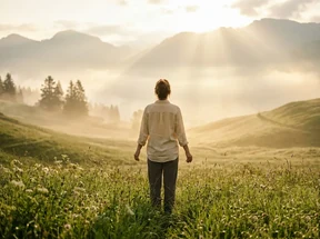 A woman breathing in a misty alpine meadow at sunrise