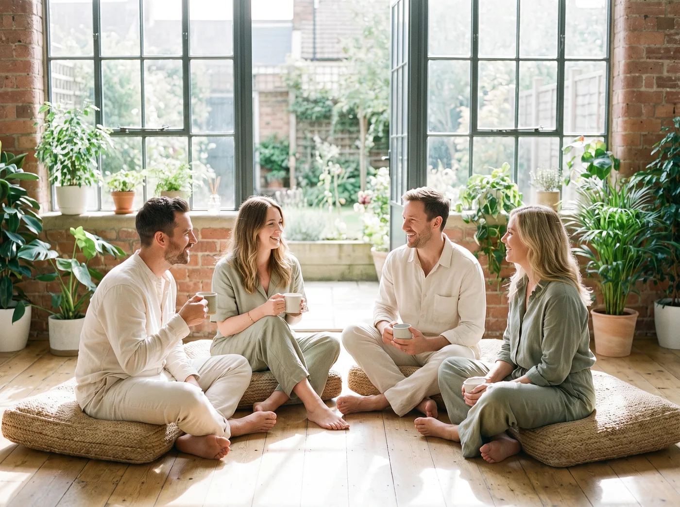 A small group of members sharing tea on floor cushions in the sunlight