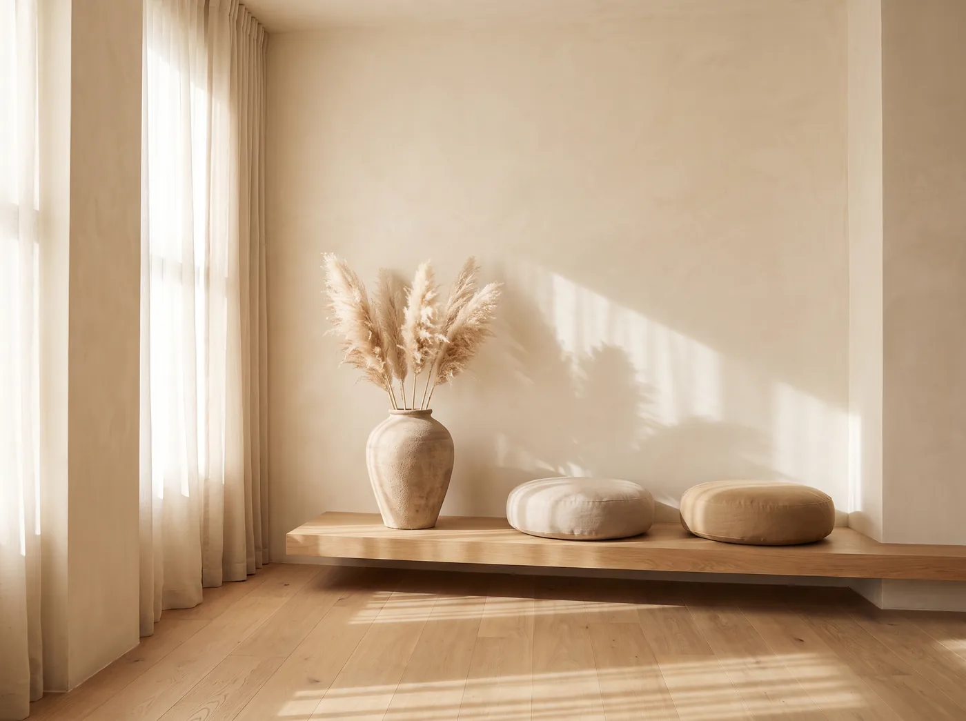 A serene minimalist room with pampas grass in soft daylight