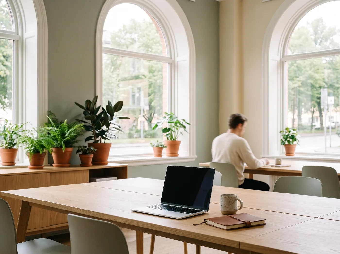 A light-filled coworking studio with oak desks and plants